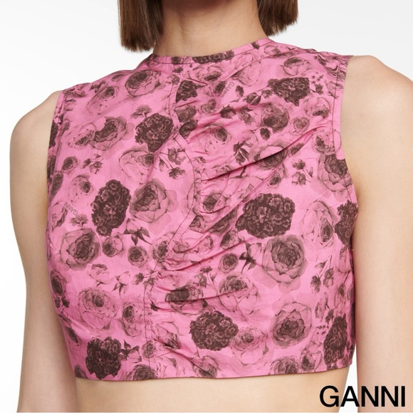 GANNI **NWT** Asymmetrical Ruched Lace-Up Top in Pink Rose Print - Picture 13 of 16